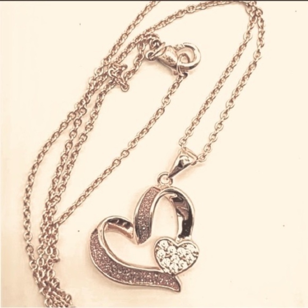 JCM Stamped BRASS Pink & Clear Cubic Zirconias Heart Necklace. Rosegold NEW